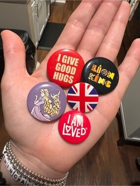 Set of 5 Colorful Vintage Pinback Buttons - Union Jack + Messages